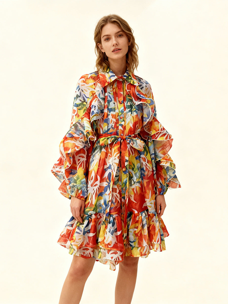 Single-breasted Stylish Tie-waist Collar Long-sleeved Dress