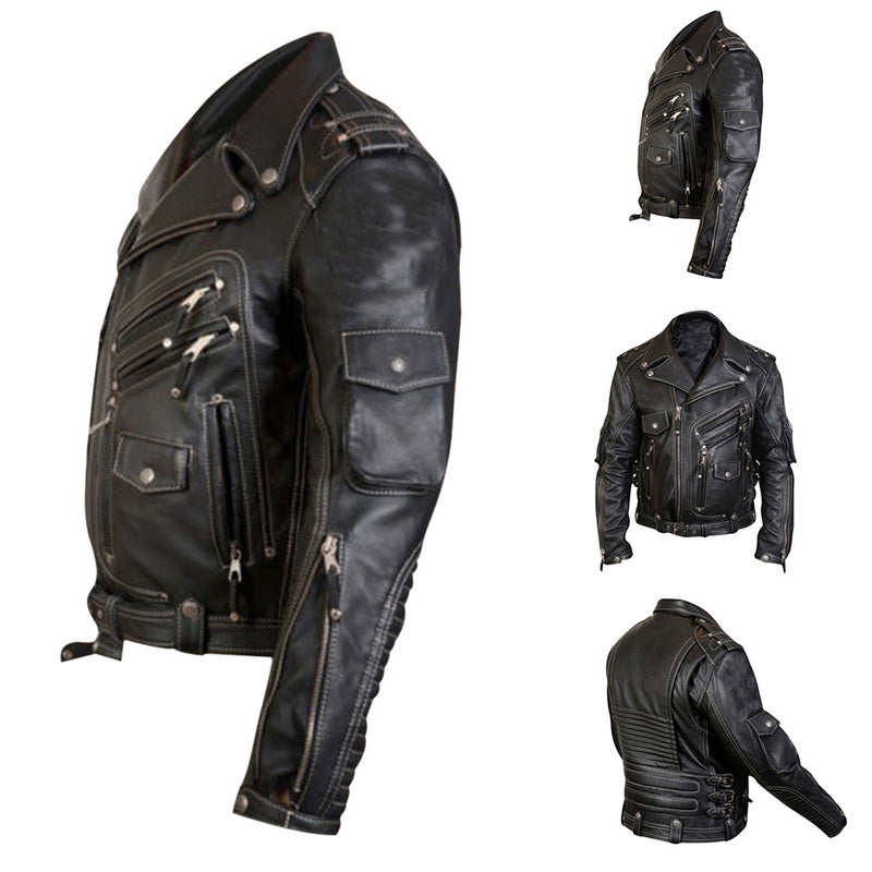 Men's Leather Jacket with Zipper and Multi-Pockets