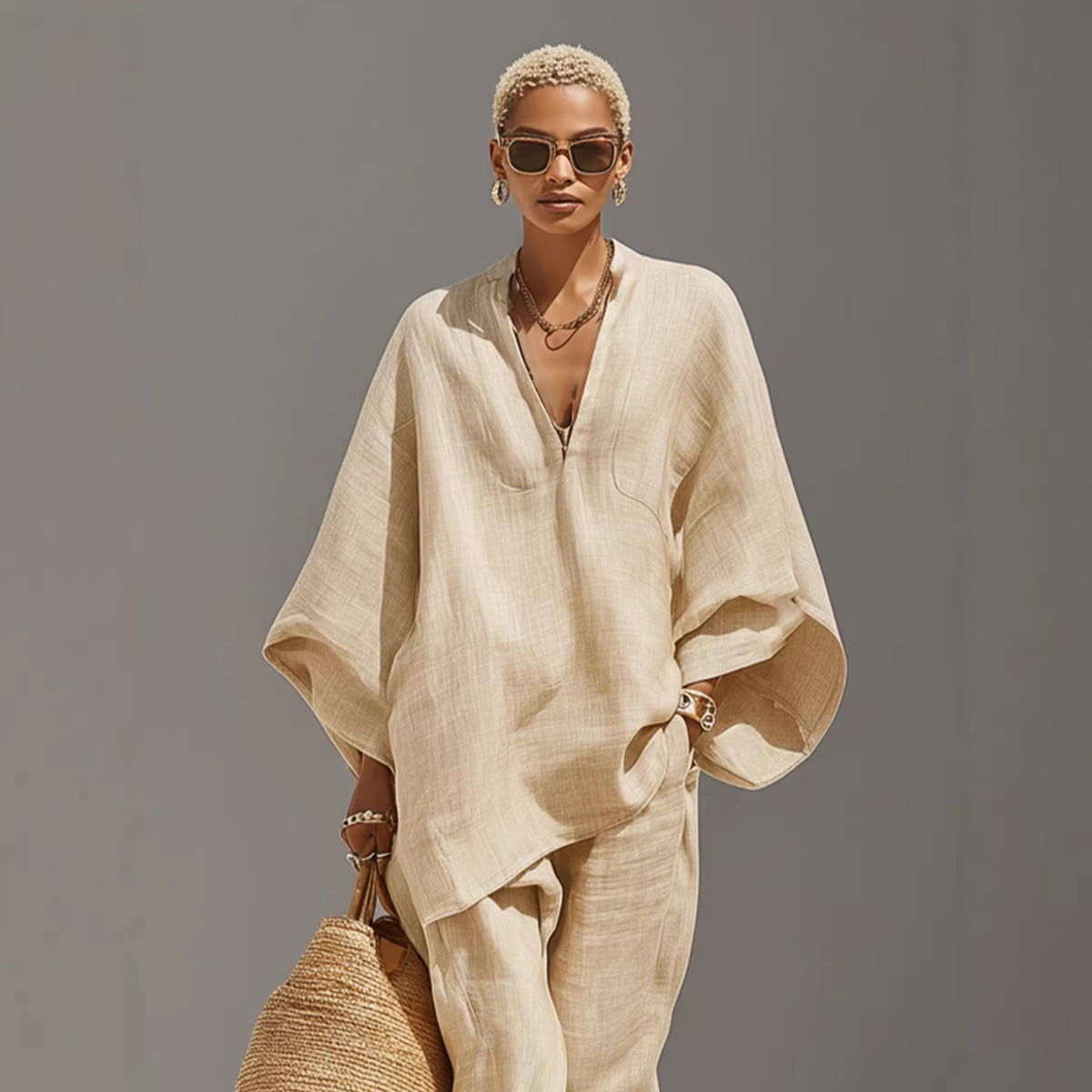 Women's Casual Loose Solid Color Shirt Set