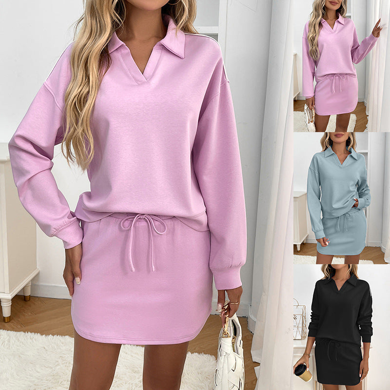 Casual Sport Lapel Long Sleeve Top With Pocket Skirt Set
