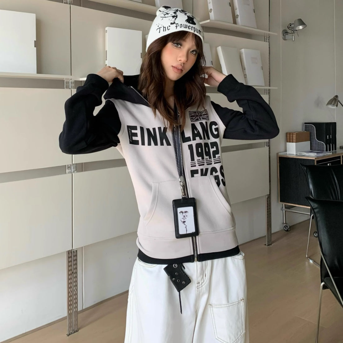 Women's Letter Printed Hoodie Thin Slim-fit Shoulder Top
