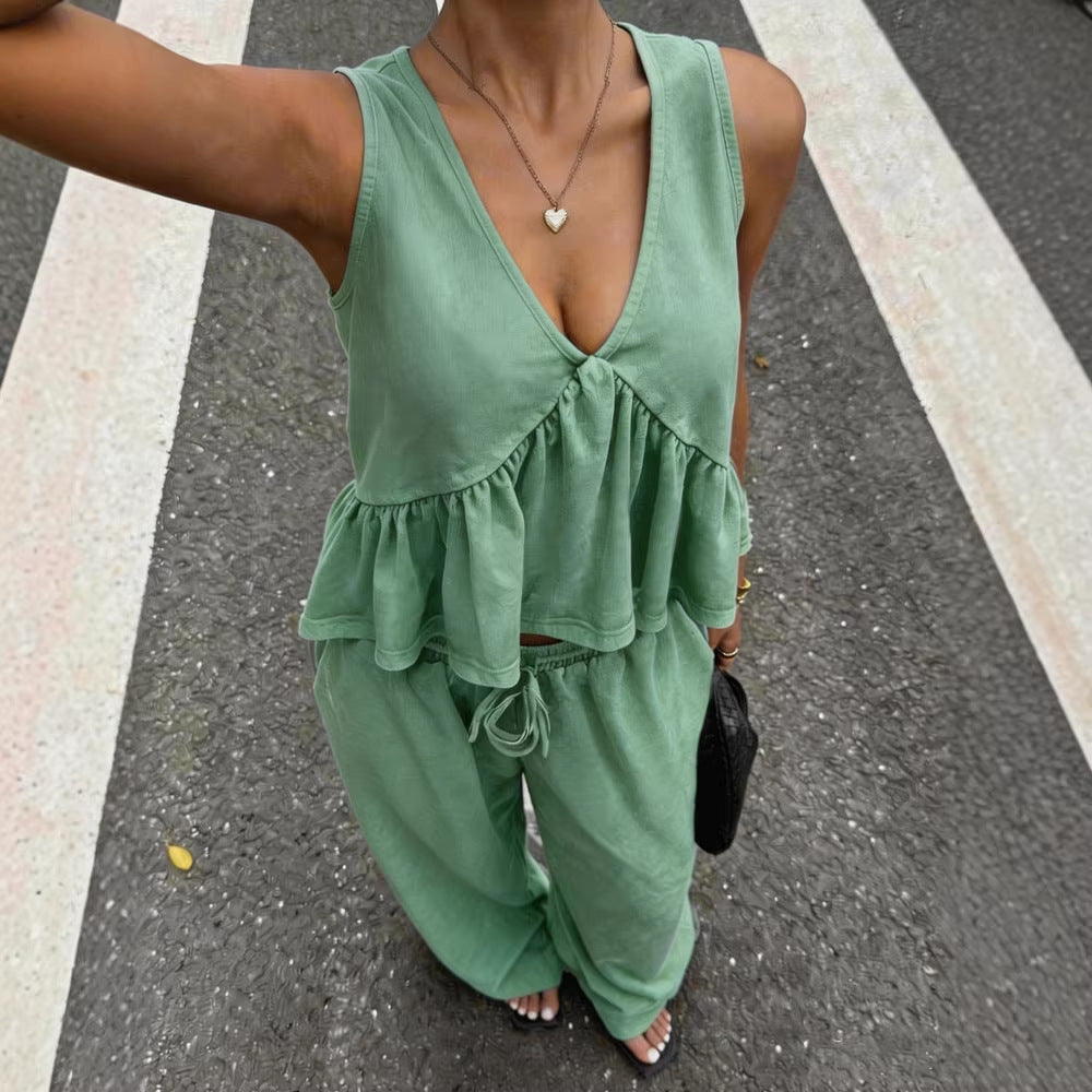 Women's Casual V-Neck Sleeveless Top And Pants Set