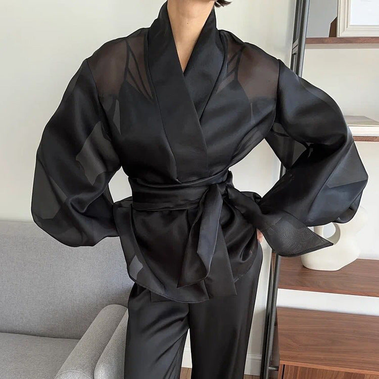 Black Sheer Puff Sleeve V-neck Tie-front Top
