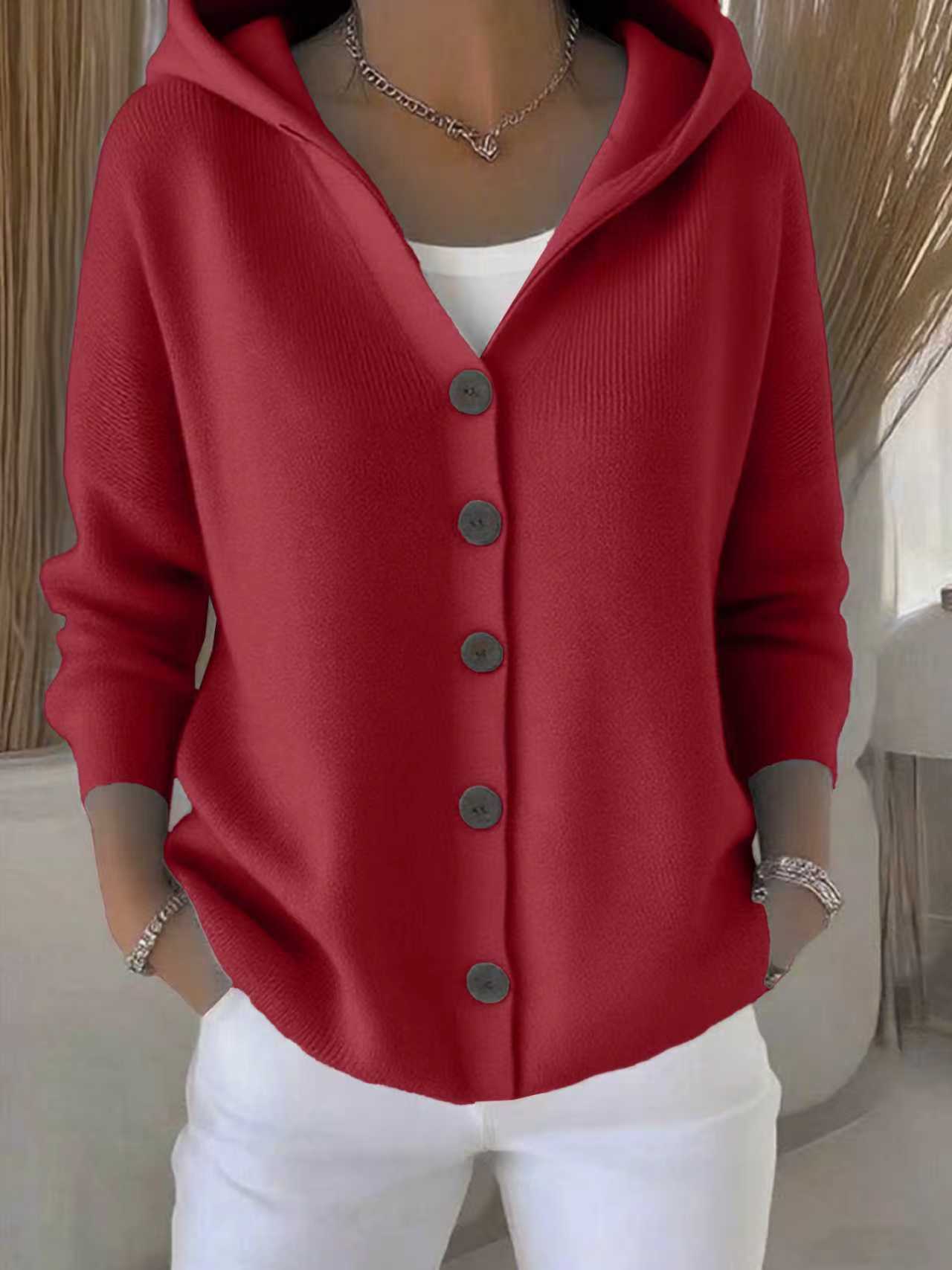 Ins Button Hooded Sweater Fashion Autumn And Winter Knitted Cardigan Casual Commuter Long Sleeve Top Women's Clothing
