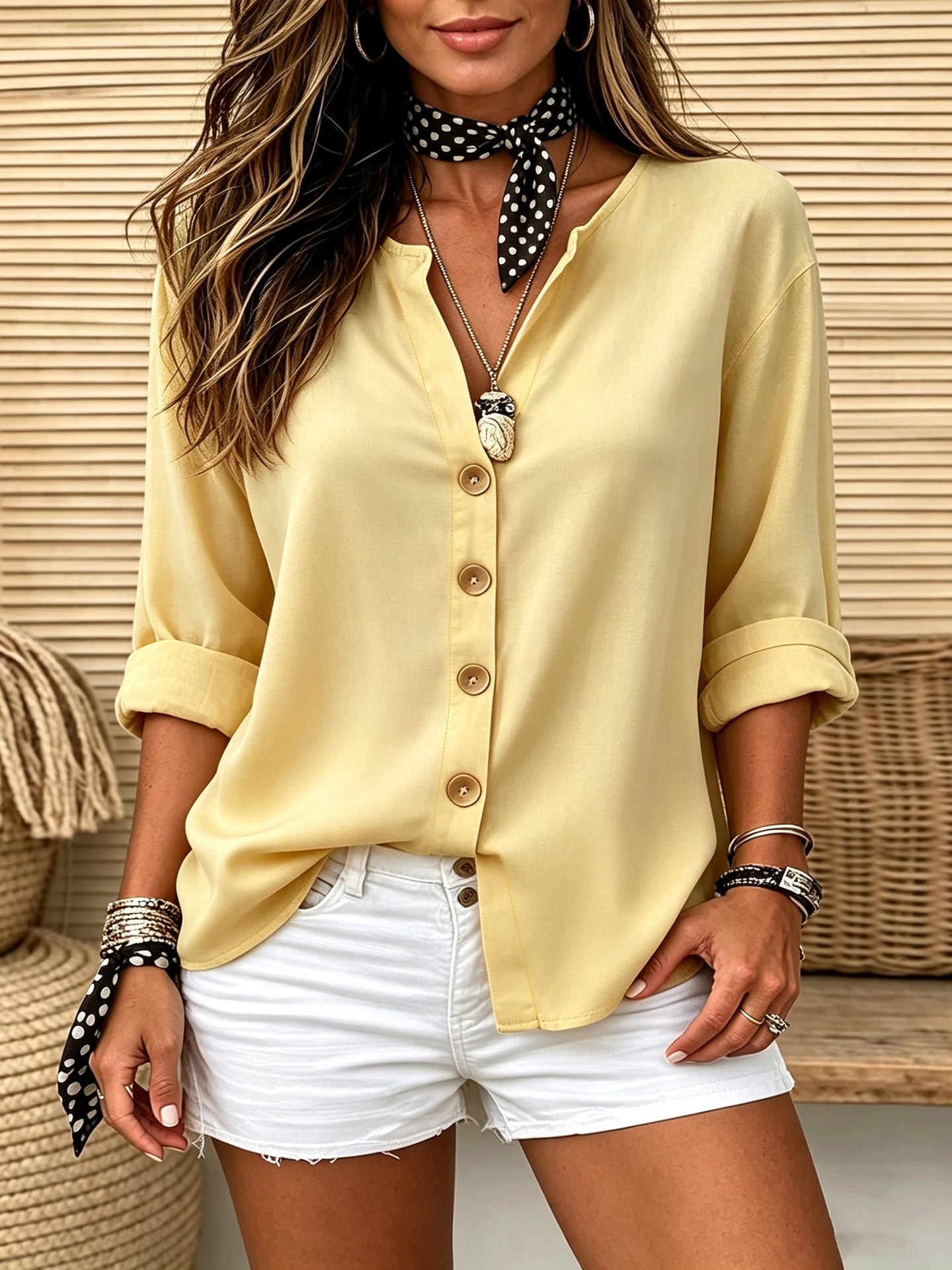 Womens V-neck Cotton-Linen Button-Down T-shirt Top