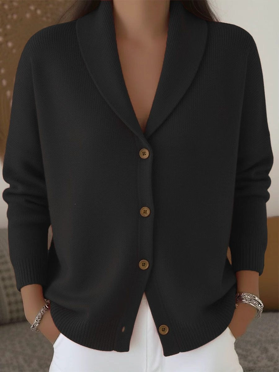 Womens Knitted Cardigan Loose-Fit Lazy Style Soft And Cozy Notch Lapel Solid Color Long-Sleeve Sweater
