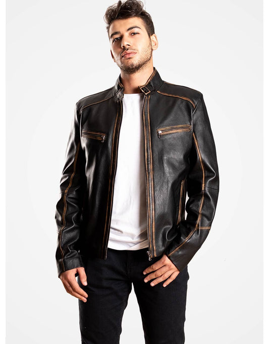 Black Leather Biker Jacket For Men