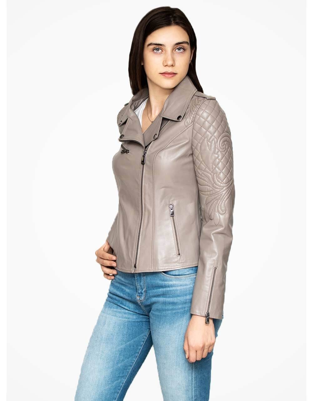 Beige Leather Biker Jacket For Women