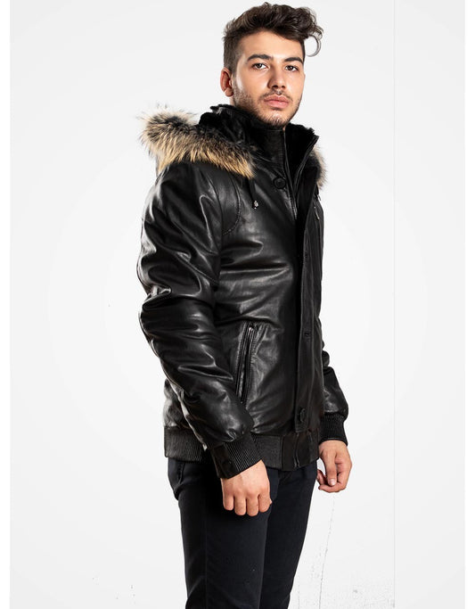 Black Hooded Leather Coat For Men