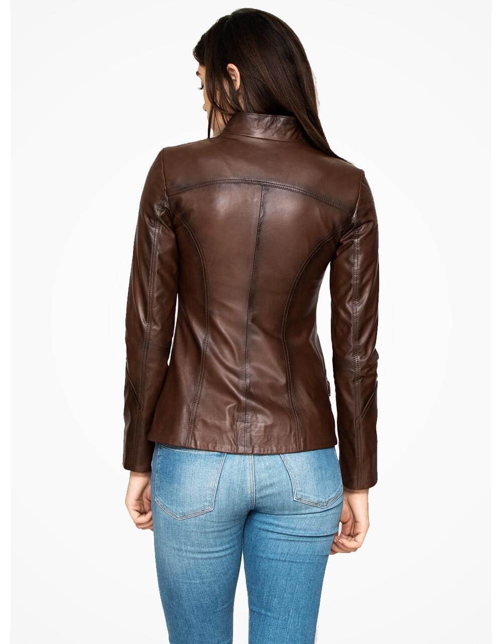 Brown Leather Biker Jacket For Women