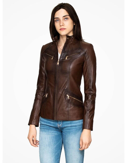 Brown Leather Biker Jacket For Women