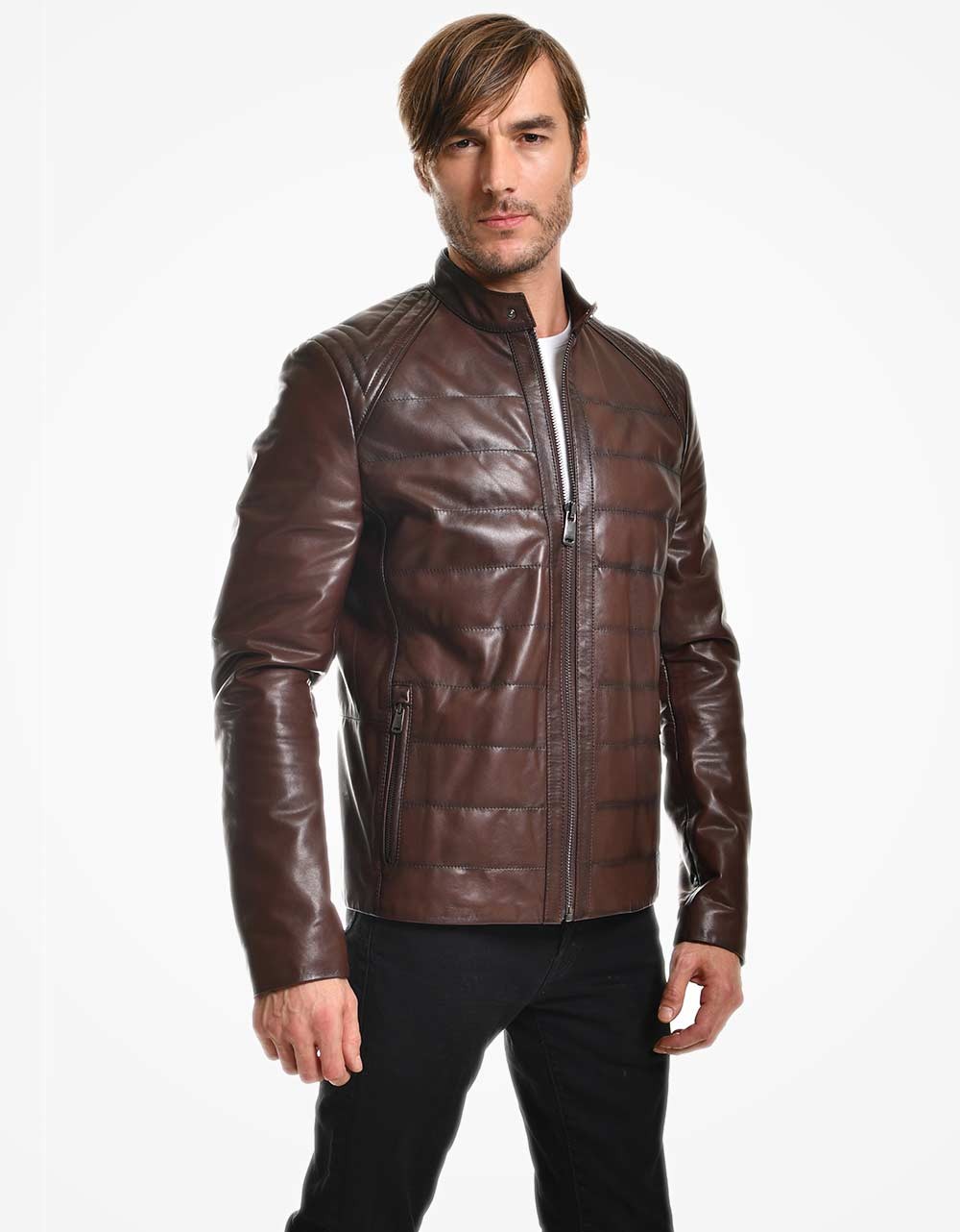 Brown Leather Biker Jacket For Men