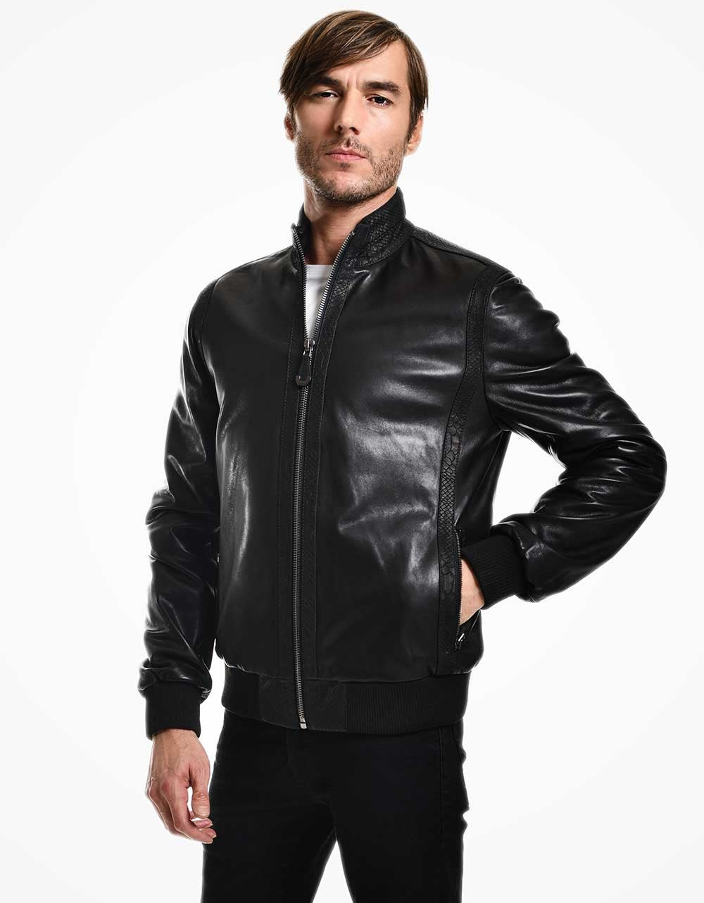Black Bomber Leather Jacket For Men