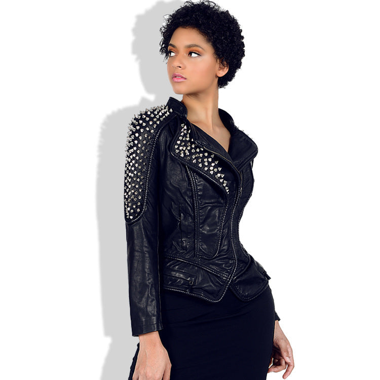 Women's Slim Fit Studded Moto Jacket with Lapels