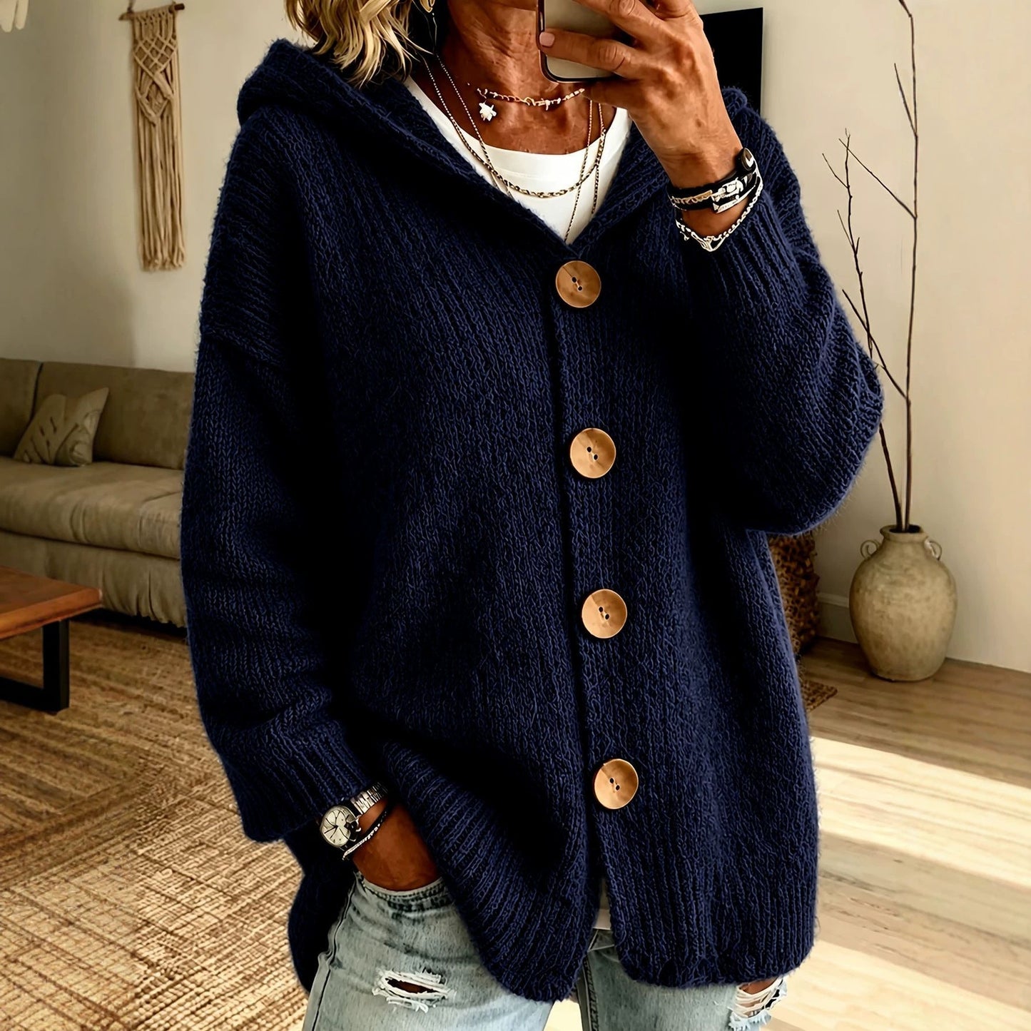 Hooded Cardigan Sweater Jacket With Four Buttons