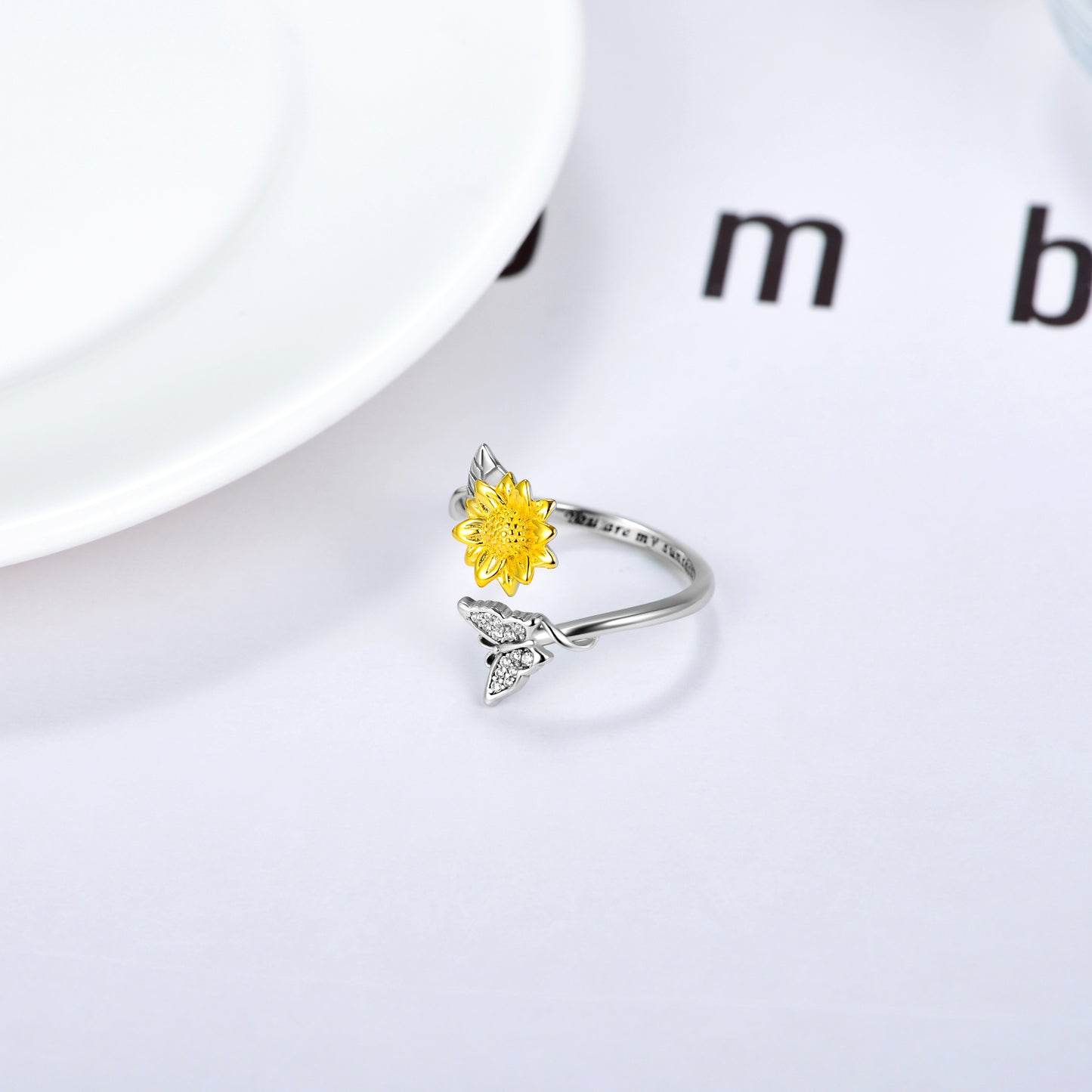 You Are My Sunshine Sunflower Butterfly Ring in Sterling Silver