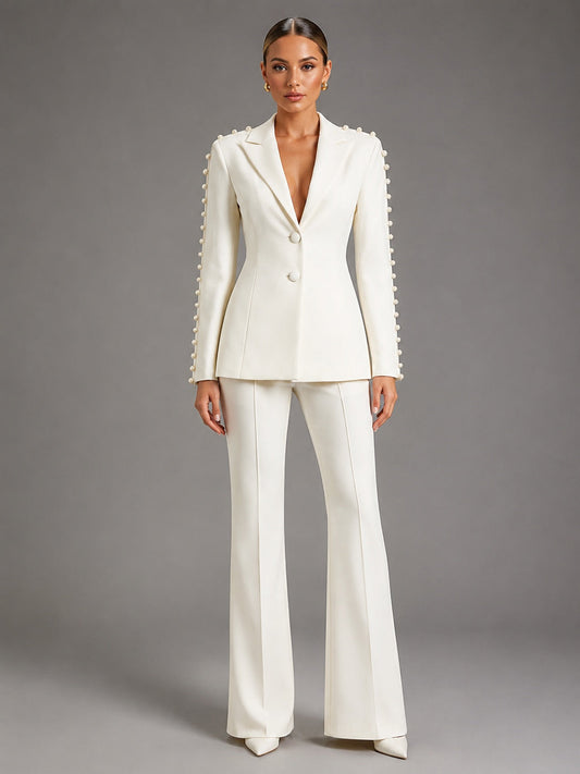 Pearl Embellished Peak Lapel Blazer & High Waist Full Flare Suit Trousers 2-Piece Set