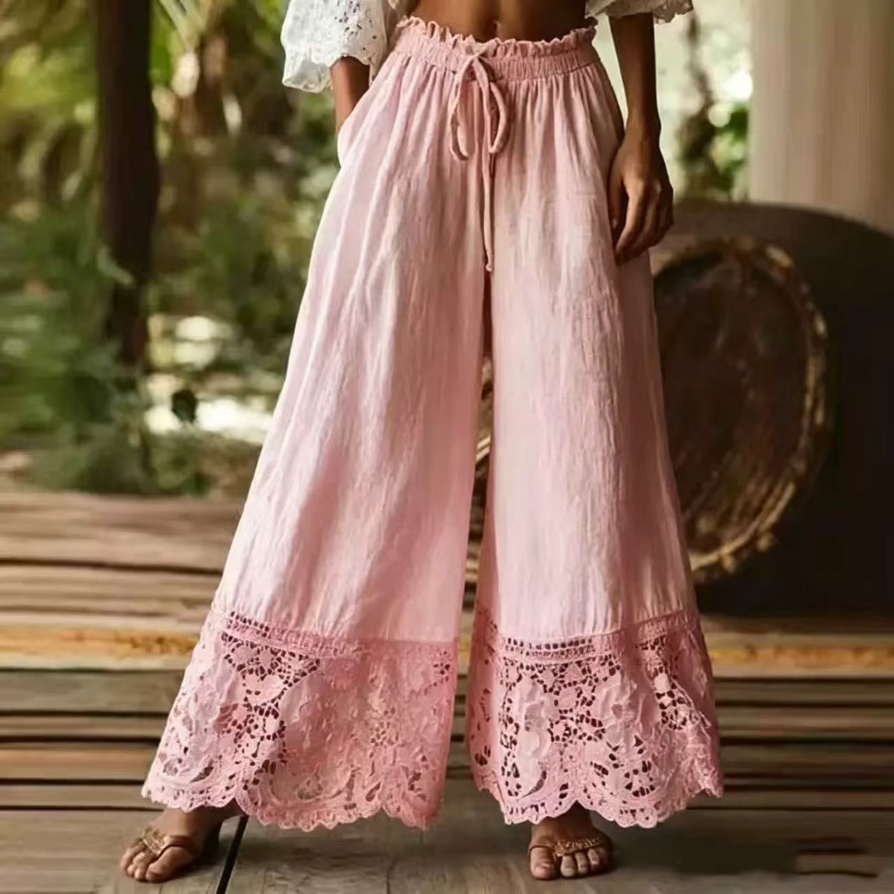 Fashionable Solid-Colored Lace-Trimmed Womens Pants