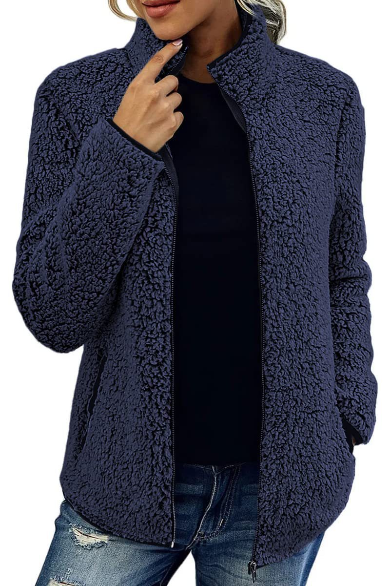 Fall Winter Warm Sweatshirt Stand Collar Solid Color Top Sweater Women's Casual Fashion Long Sleeve Zipper Bubble Velvet Coat Tops