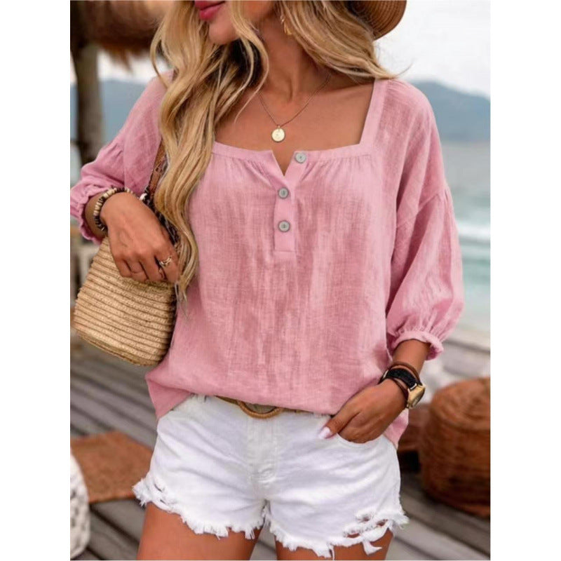 Casual Resort-style Linen Top With Three-quarter Sleeves
