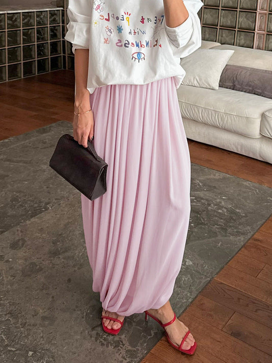 Draped Pleated Wide Leg Maxi Skirt