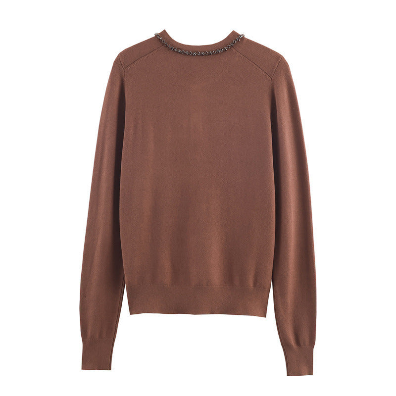 New Lightly Mature Round Neck Long Sleeve Jewelry Cardigan Top