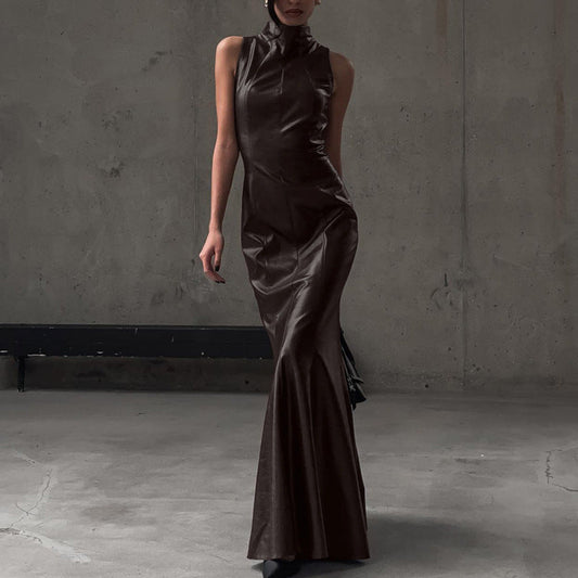 Stylish High-waisted Maxi Dress With Stand-up Collar