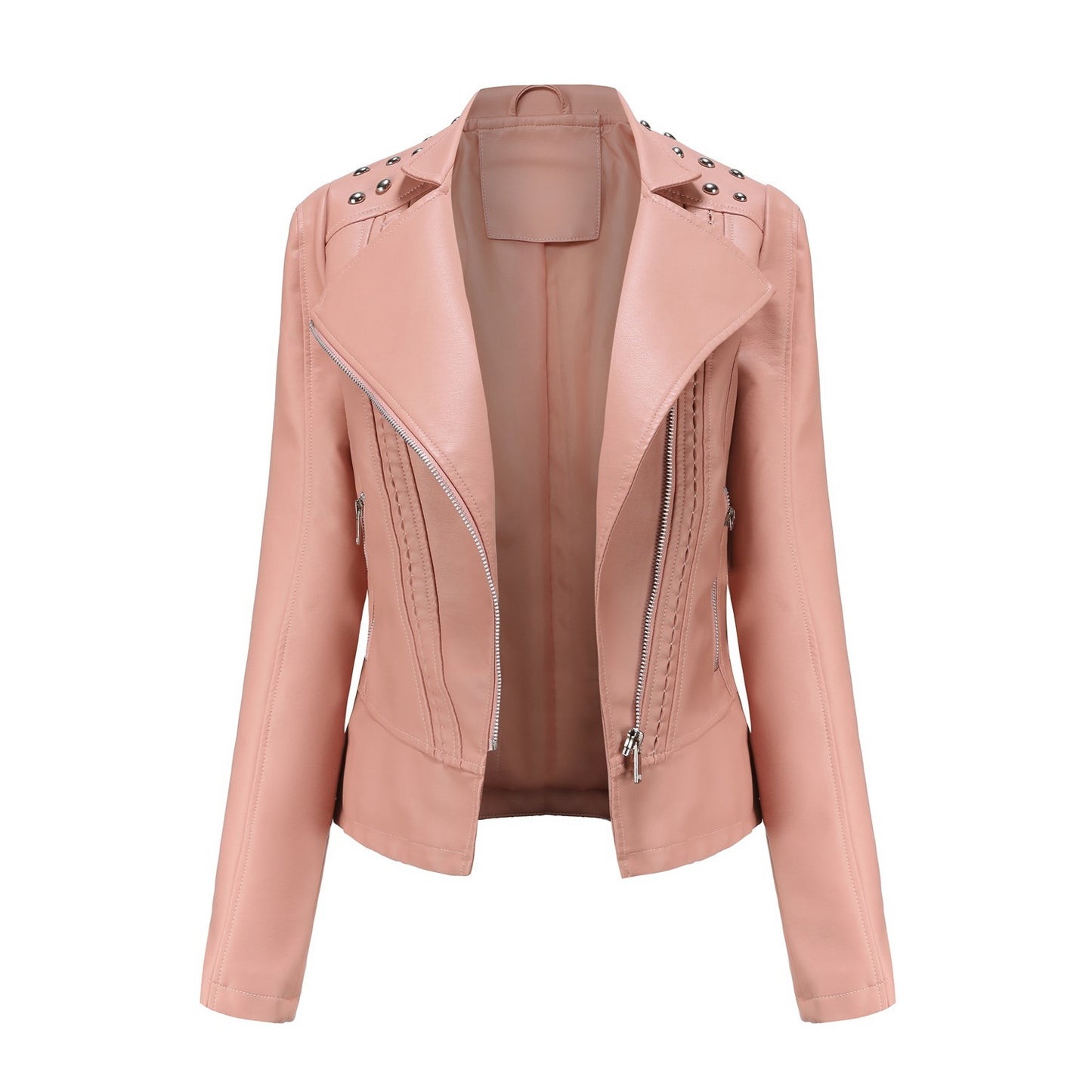 Women's Beaded Faux Leather Jacket - Long Sleeve Street Fashion Motorcycle Coat (Black/Red/Purple/Pink/Camel/Beige, XS-XXL)