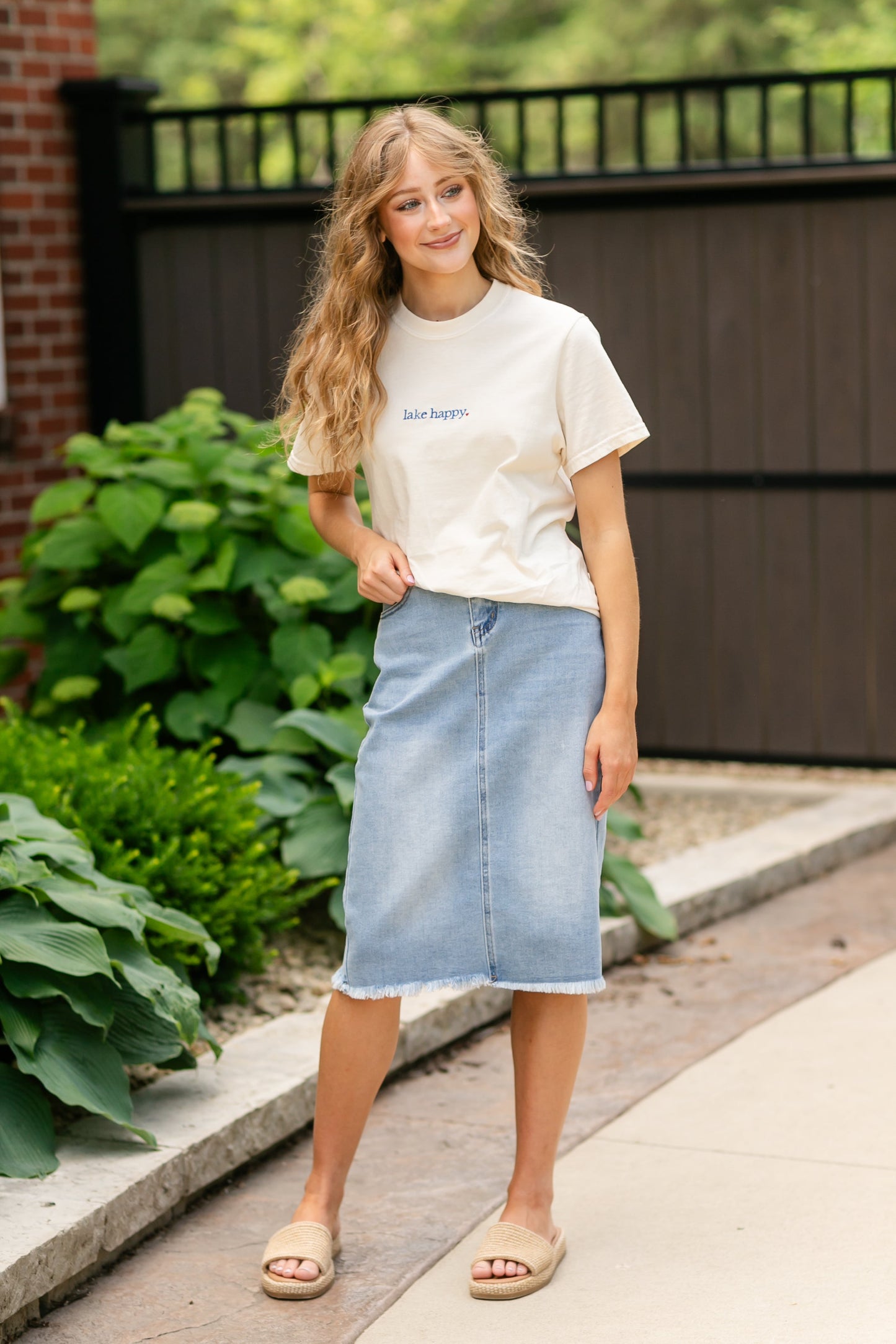 Drew Raw Hem Midi Denim Skirt