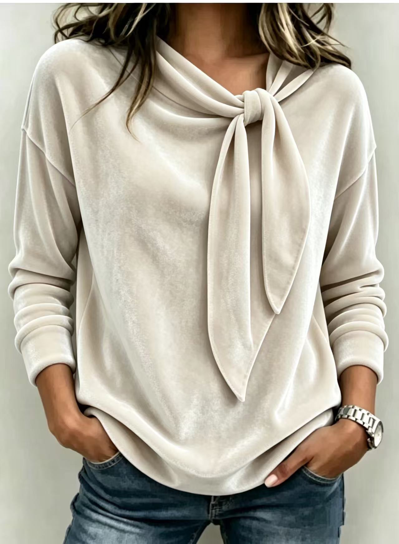 Womens Velvet Sweater With Bow-Knot