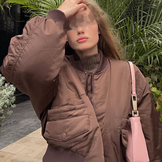 American Retro Coffee Color Short Baseball Cotton Coat Women