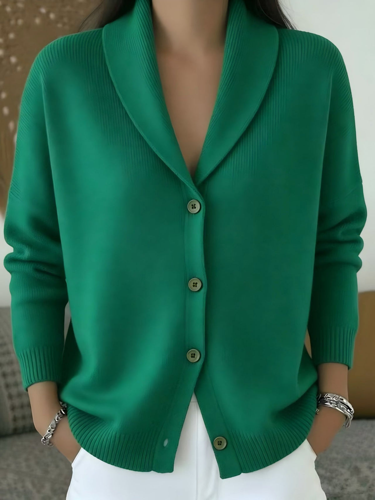 Womens Knitted Cardigan Loose-Fit Lazy Style Soft And Cozy Notch Lapel Solid Color Long-Sleeve Sweater
