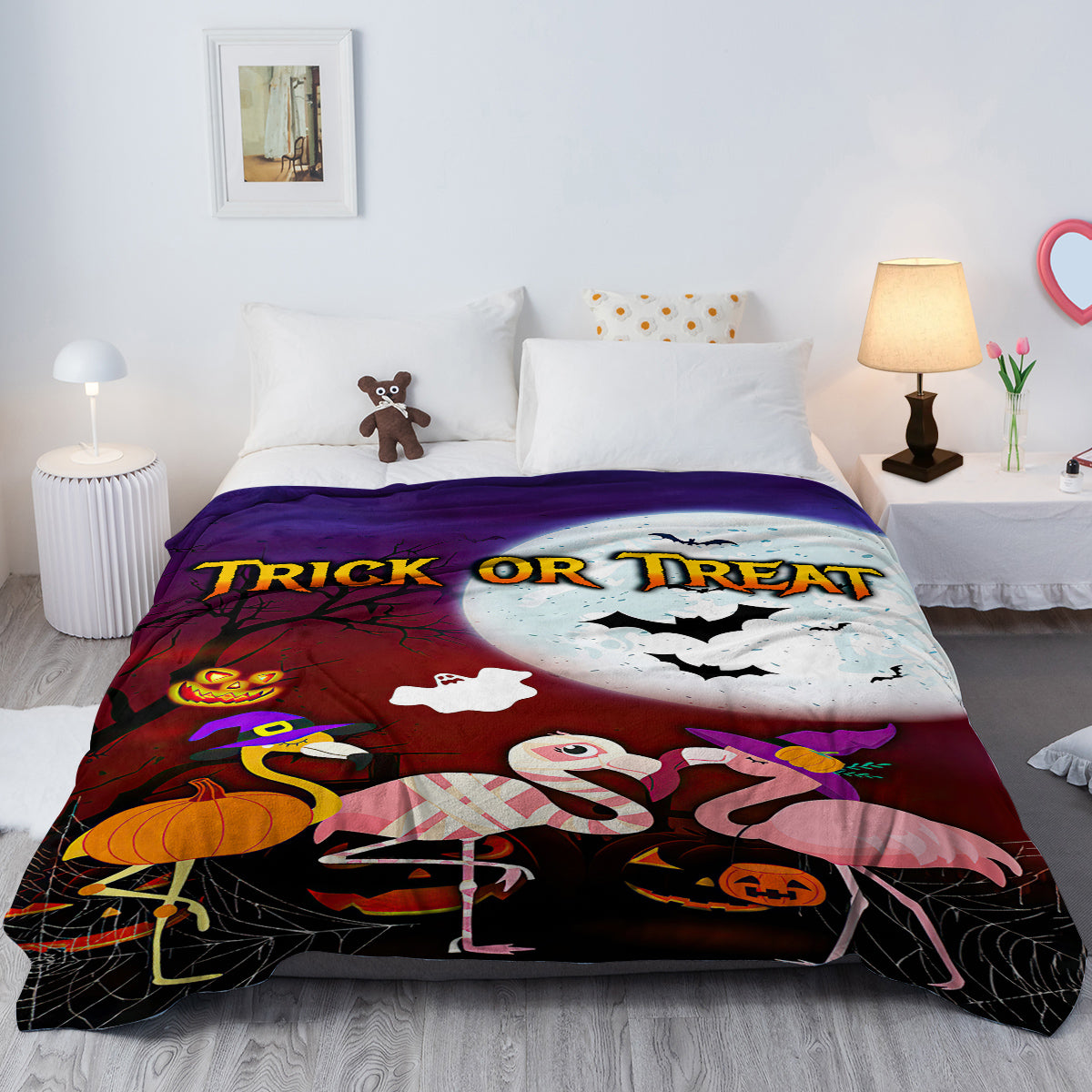 1pc Halloween-themed Pink Flamingo Print Flannel Blanket, Cozy And Warm For Home Use Bed, Sofa, Camping, And Multi-scenario Application Suitable For All Seasons