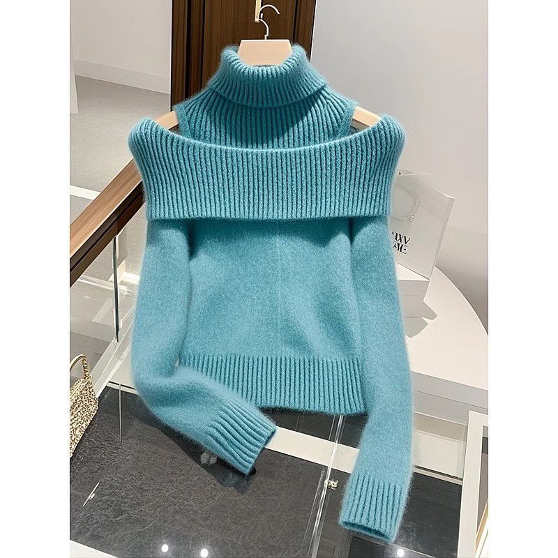 Soft Glutinous Idle Style Off-the-shoulder Bulky Turtleneck In Apricot Sweater