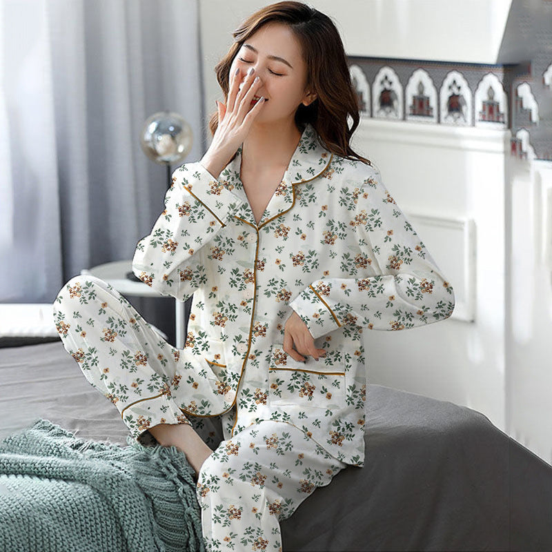 Elegant Women's Autumn And Winter Cotton-like Long Pajamas Two-piece Set