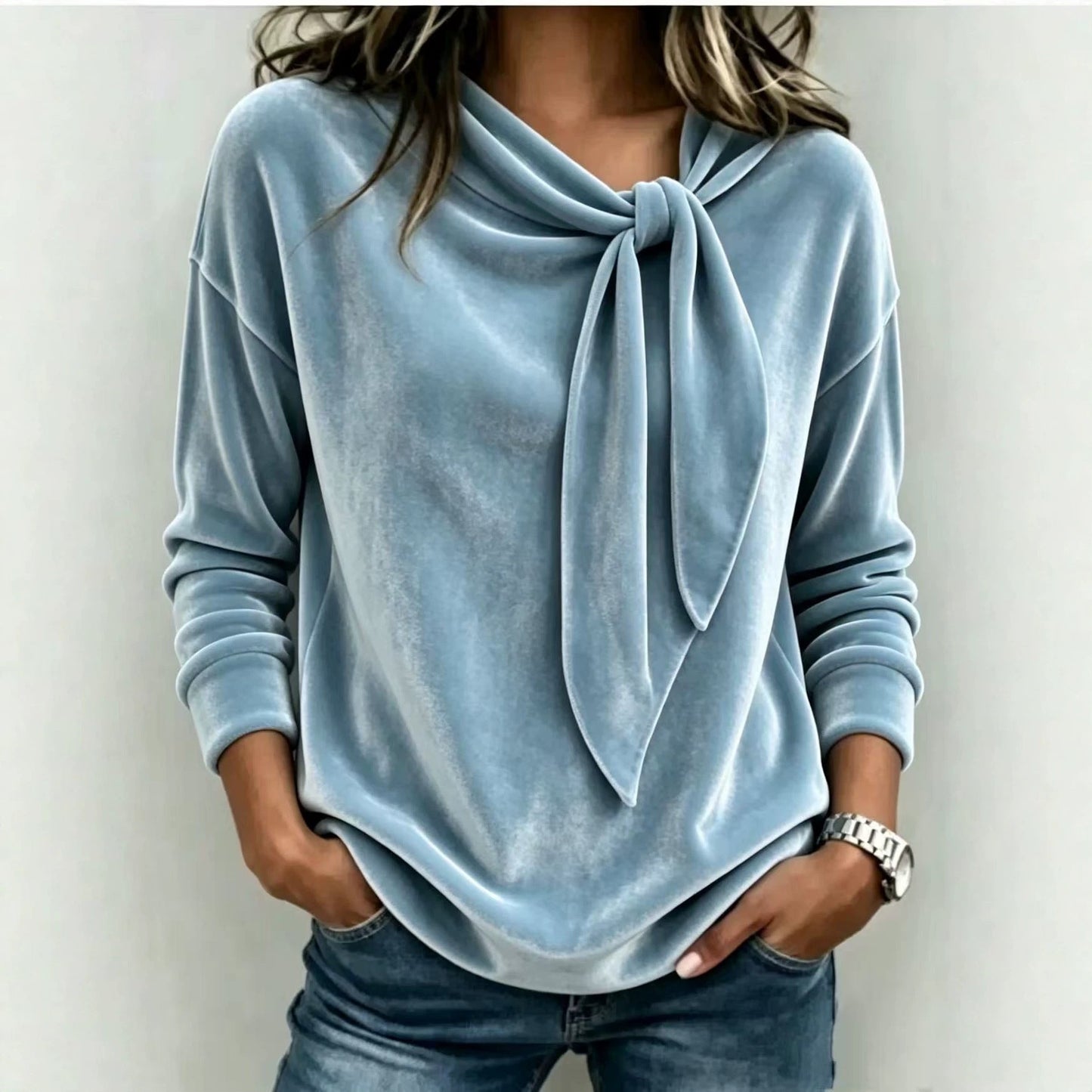 Womens Velvet Sweater With Bow-Knot