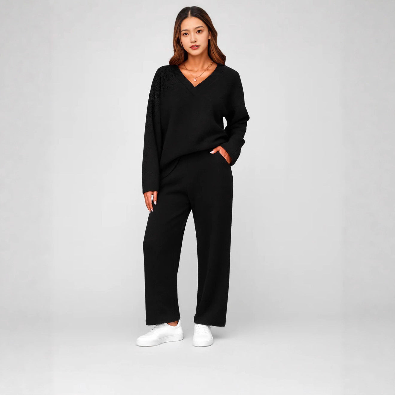 V-neck Wool Loose Pockets Leisure Suit Two-piece Pajamas