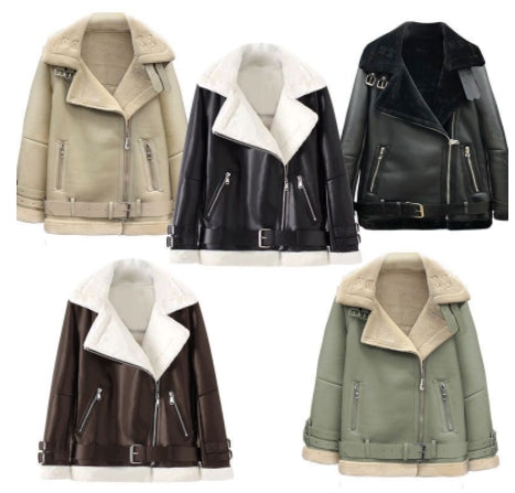 Lamb Wool Jacket, Thick Suede Leather Motorcycle Coat