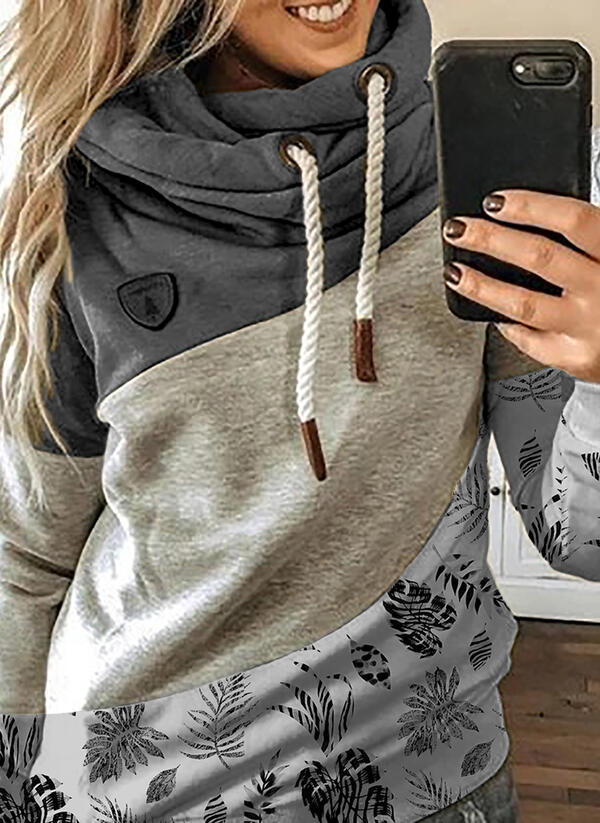 Printed stitching hooded fleece loose sweatshirt