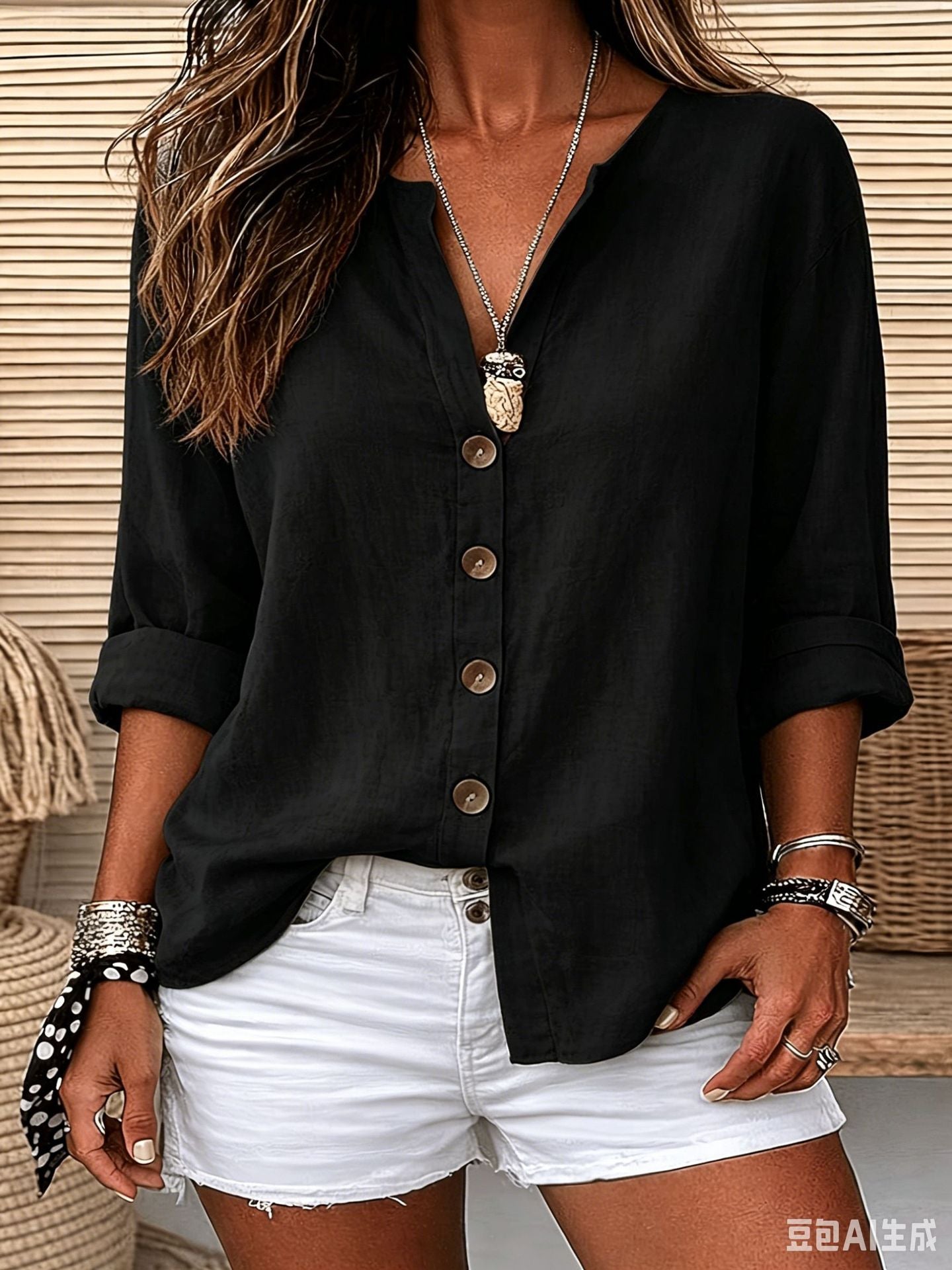 Womens V-neck Cotton-Linen Button-Down T-shirt Top