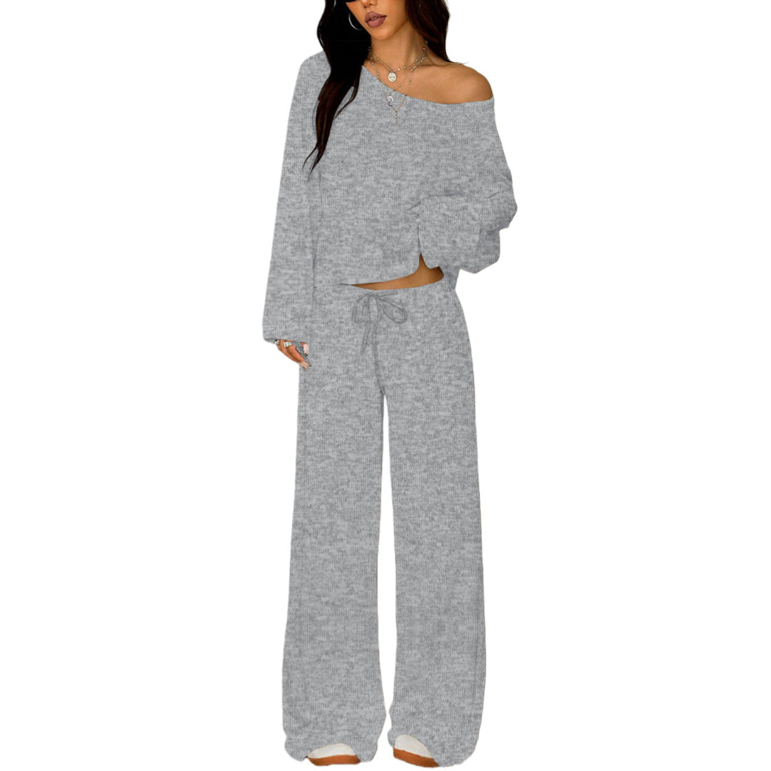 Womens Solid-Color Casual Off-the-Shoulder Long-Sleeve Pants