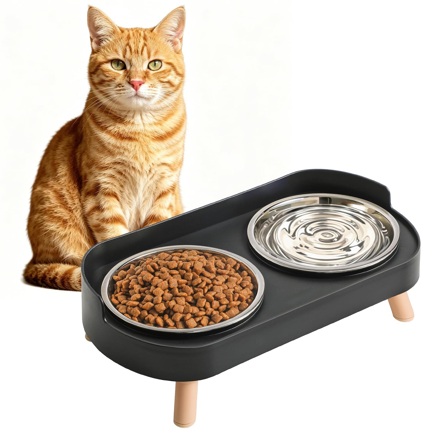 Elevated Cat Bowls Set - Raised Cat Food And Water Bowl Set With Non Slip Stand - Pet Feeding Station With 2 Stainless Steel Bowls