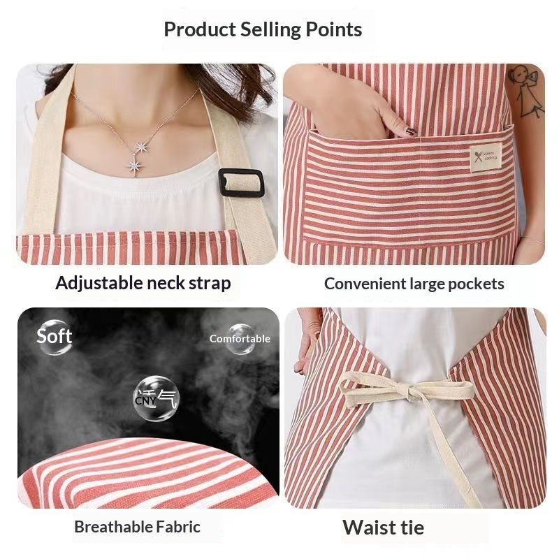 Linen Stripe Apron, Breathable Kitchen Apron For Household Chores