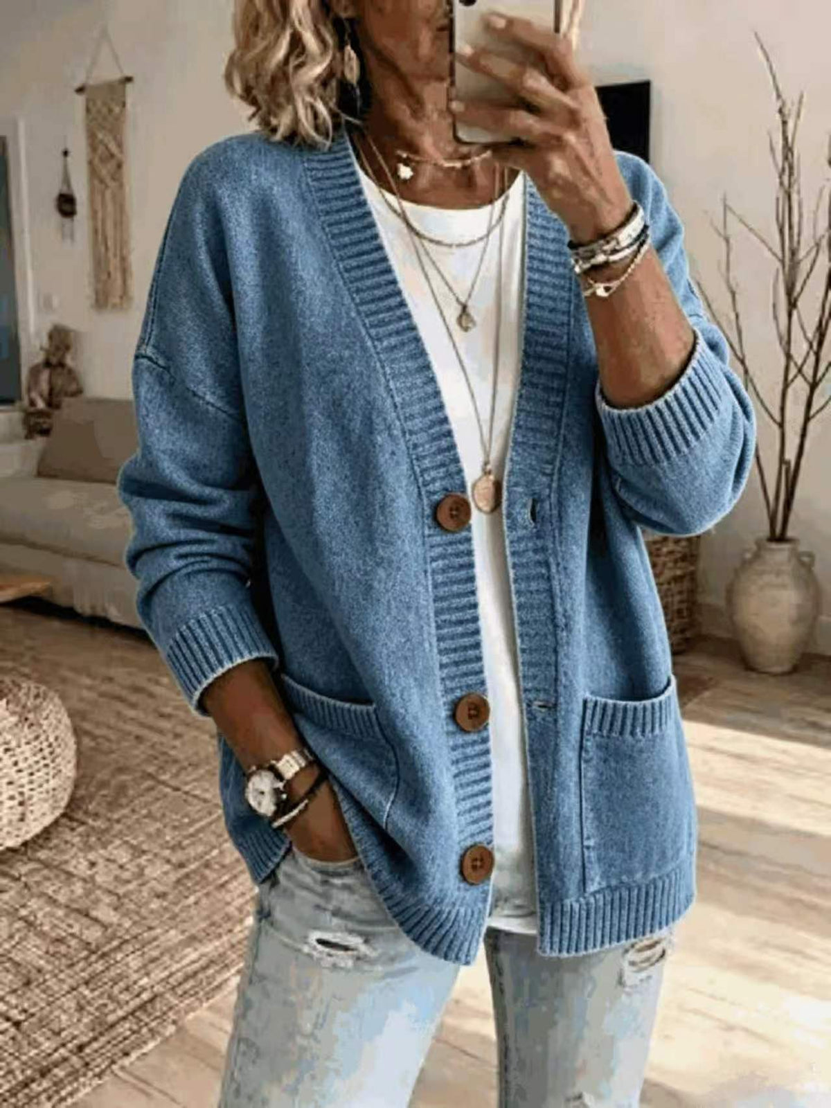 Womens Loose-fit V-neck Knit Sweater Jacket