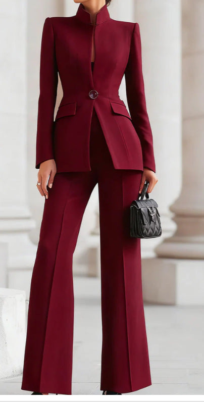 2026 European And American Women's Fashion Independent Long-Sleeve Solid Color Pocket Single-Button Blazer And  Long Suit Pants Two-Piece Set