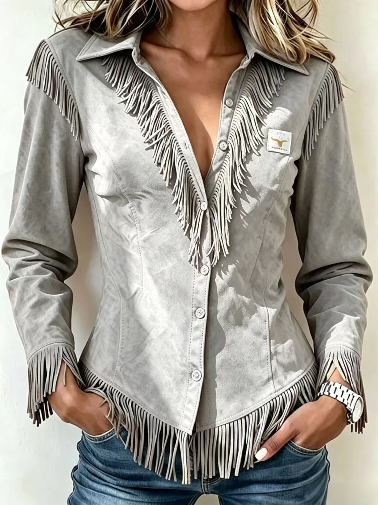 Western Cowboy-Style Suede Fringe Slim-Fit Long-Sleeve Shirt