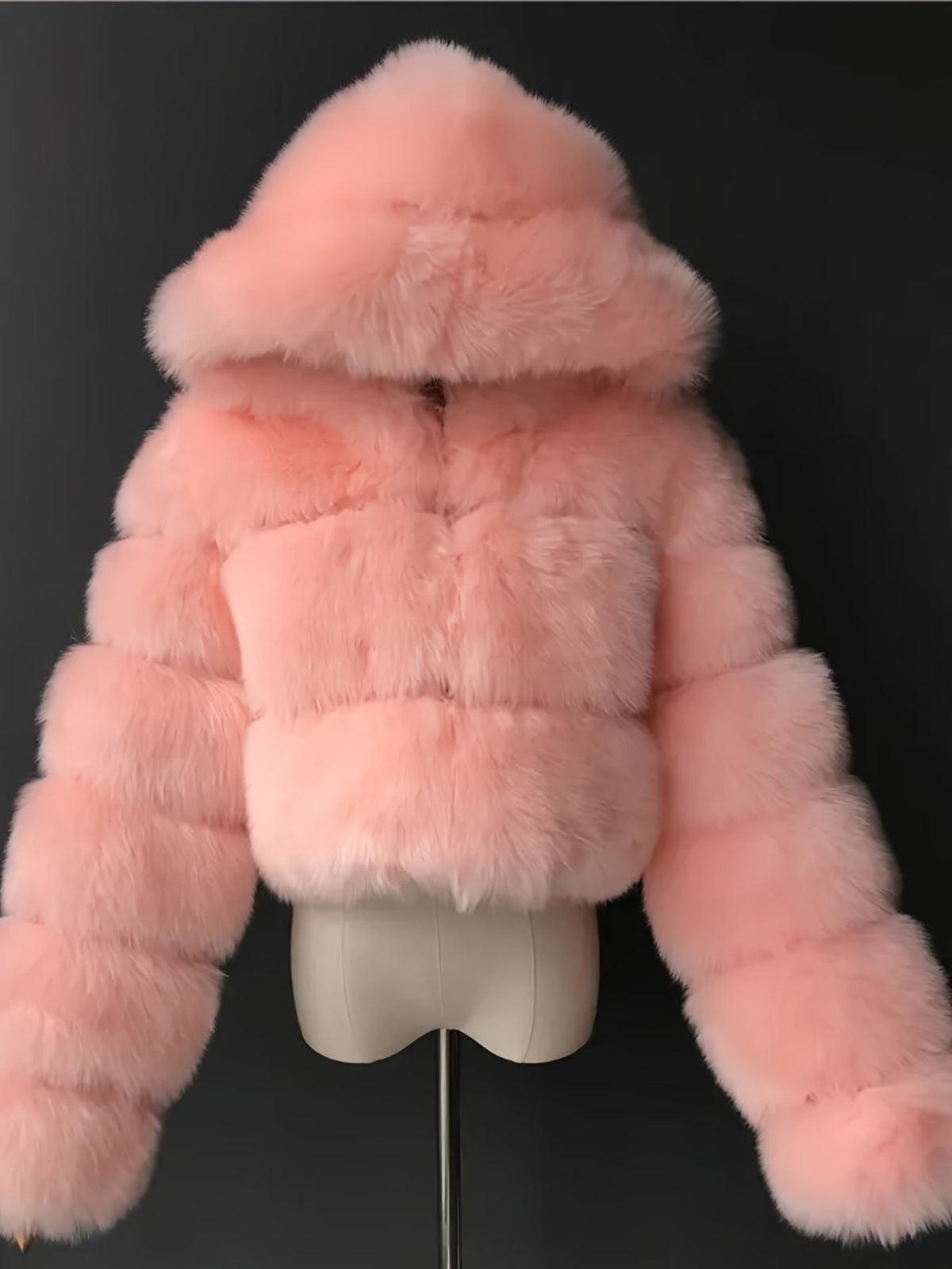 Short Hooded Faux Fur Long Sleeve Coat