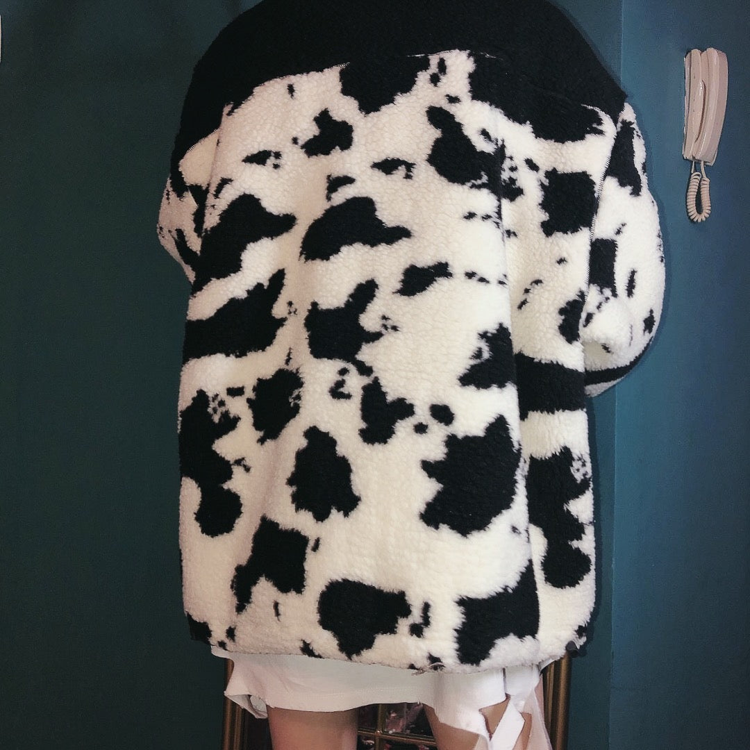 Oversized Cow Print Plush Cotton Jacket for All