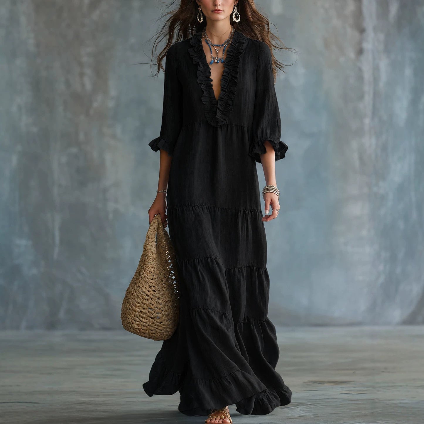 Womens V-neck Layered Casual Flowing Maxi Dress With Ruffled Hem