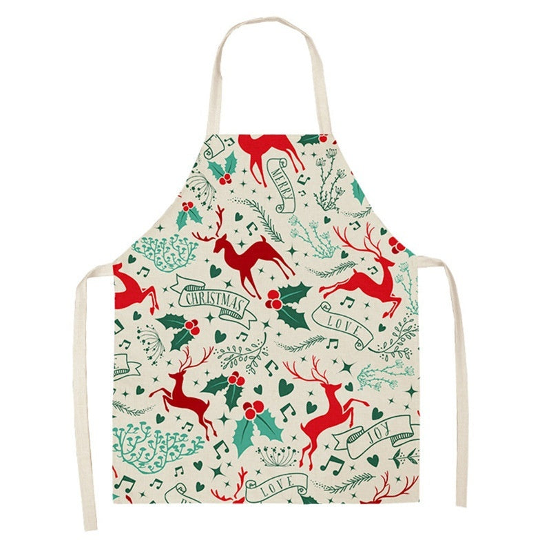 Christmas Deer Art Pattern Female Cleaning Home Cooking Kitchen Apron Chef Ear Cotton Linen
